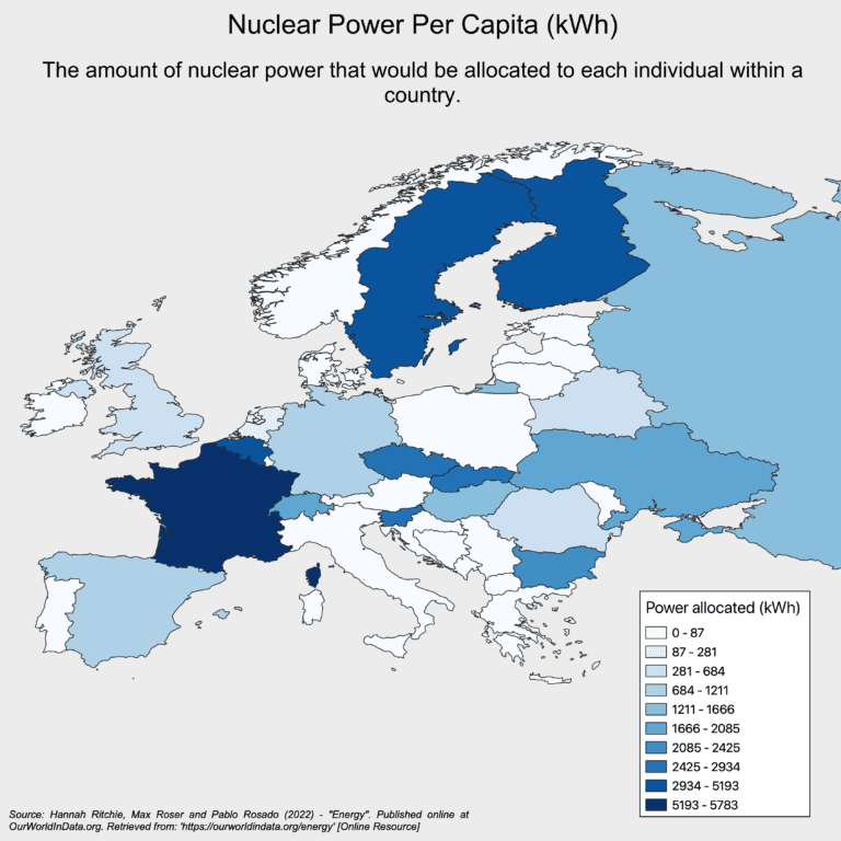 Avrupa’da Kişi Başına Yapılan Nükleer Enerji Dağılımı Haritası
